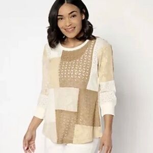 LOGO Lavish by Lori Goldstein Mixed Patchwork 3/4 Sleeve Lace Top xl lagenlook